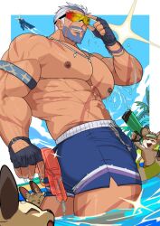 abs absol_(dkqthf) abusorun animals anthro bara beach beard biceps bodybuilder broad_shoulders bubble_butt bulge citail cygames daddy dilf facial_hair male_only manly mature_male mouse moustache muscular muscular_male nipples ocean older_male pecs scars silver_hair smooth_skin summer sunglasses swimming_trunks thick_legs thick_neck thick_thighs uncle veiny_muscles vyron_(world_flipper) water_gun world_flipper zaddy