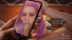 1boy artist_name bangs blurry blurry_background blush censored english_text fellatio female firolian half-closed_eyes highres holding holding_phone league_of_legends long_hair mosaic_censoring oral penis phone pink_eyes pink_hair recording seraphine_(league_of_legends) speech_bubble straight web_address