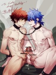 2015 2boys arsh blue_hair bound_ankles bound_together bound_wrists breath censor_bar chain_leash chained_together chains collar dicks_touching frottage gay handcuffs leaking male_only nipple_piercing penis penises_touching restrained spread_legs tied_hands tied_up wrist_to_ankle yaoi