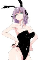 1girls azure_eyes betuni big_breasts black_nails bunny_ears bunnysuit busty clavicle cleavage dagashi_kashi female female_only hands_on_hips leotard looking_down pose posing shidare_hotaru thick_thighs unusual_pupils violet_hair