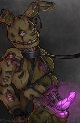 1boy animatronic anthro bondage bunny bunny_ears bunnysuit collar erection five_nights_at_freddy's five_nights_at_freddy's_3 glowing glowing_penis leash leather_bondage looking_at_another male_only penis penis_out purple_penis repressed_youth robot seductive_look solo solo_focus springtrap springtrap_(fnaf)