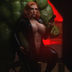 1boy 1girls 3d areolae avengers big_breasts black_bodysuit black_widow_(marvel) blue_eyes bodysuit breasts busty cleavage clothed_female_nude_male female female_focus forearm_cock green-skinned_male green_skin gun handjob hourglass_figure huge_balls huge_breasts huge_cock hulk hulk_(series) human imminent_sex larger_male light-skinned_female light_skin male marvel marvel_cinematic_universe muscular muscular_male natasha_romanoff navel navel_piercing nipples noahgraphicz pose posing realistic red_hair scarlett_johansson size_difference smaller_female straight straight_hair tight_clothing unzipped unzipped_bodysuit