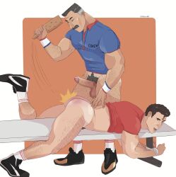 2boys bondage bottomless coach erect_while_spanking erection fabssdaf gay imminent_sex lying_on_stomach male male_focus male_only mouth_open on_bench shirt_up socks_and_shoes spanking whistle_around_neck wrists_tied