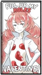 1boy 1male ambiguous_gender androgynous black_eyes crotch_cutout eu03 femboy humanoid land_of_the_lustrous light-skinned_male light_skin long_gloves long_hair male male_only no_pants open_shirt padparadscha_(land_of_the_lustrous) pantless red_hair red_text smirk smug spiky_hair suggestive_dialogue suggestive_gesture suggestive_look suggestive_smile text valentine's_day very_long_hair white_background white_gloves white_sclera white_shirt