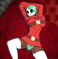 1girls alternate_version_available clothed clothing dark-skinned_female dark_skin fanart female female_only green_hair hair_over_one_eye hoodie huge_breasts laying_down laying_on_back laying_on_bed mario_(series) mask masked masked_female nintendo no_sex panties self_upload shy_gal shy_gal_red solo stockings striped_panties supermilkman upskirt