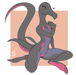 2020 anthro black_body countershading feet female flat_chested front_view full-length_portrait genitals heart hi_res nintendo nude pokémon_(species) pokemon pokemon_(species) portrait purple_body purple_countershading purple_eyes pussy salazzle scalie sitting smile soles solo video_games w4g4