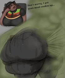 ass ass_focus bbw big_ass big_breasts breasts burger_king dark-skinned_female dark_skin english_text expressions fart fart_cloud fart_fetish farting farting_at_viewer fat female female_focus female_only hips huge_ass hyper_ass large_ass onomatopoeia perpetualnonsense presenting_ass shondra_keys sweat sweaty sweaty_butt text thick_thighs thighs uniform wide_hips