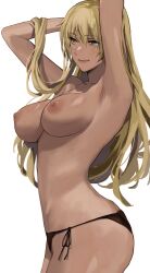 1girls alternate_costume armpits arms_behind_head arms_up ass ass_cleavage bangs bare_shoulders beauty_mark big_breasts bikini bikini_bottom_only black_bikini black_swimsuit blonde_hair breasts brown_eyes busty butt_crack collarbone dark-skinned_female dark_skin female female_only fire_emblem fire_emblem:_the_binding_blade from_side highres igrene_(fire_emblem) j@ck large_breasts legs long_hair looking_to_the_side mole mole_under_eye navel nintendo nipples pose red_bikini red_swimsuit smile solo swimsuit thighs topless two-tone_bikini yellow_eyes