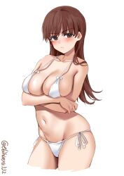 arms_under_breasts bangs bare_shoulders bikini blush breast_hold breasts brown_eyes brown_hair cleavage closed_mouth collarbone cowboy_shot cropped_legs crossed_arms ebifurya female highres kantai_collection large_breasts long_hair looking_at_viewer navel one-hour_drawing_challenge ooi_(kantai_collection) side-tie_bikini simple_background solo stomach swimsuit thighs twitter_username white_background white_bikini