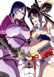 1boy 2girls big_breasts censor_bar fate_(series) fujimaru_ritsuka_(male) kyou4268 mature_female minamoto_no_raikou_(fate/grand_order) multiple_pregnancies pregnant purple_hair ready_to_pop skin_tight thick_thighs ushiwakamaru_(fate/grand_order)