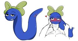2022 accessory anthro anus bedroom_eyes bite biting_lip blue_body blush blush_lines bow_ribbon duo fellatio female genitals hair_accessory hair_ribbon hairbow heart human looking_at_viewer male mammal motion_lines naked narrowed_eyes oral penile penis pussy reptile ribbons scalie seductive semi-anthro sex snake solo unknown_artist unnamed_character
