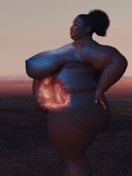 2girls 3d bbw belly big_belly big_breasts breasts dark-skinned_female dark_skin fat female hand_on_hip internal large_breasts merelyatoy nipples overweight size_difference vore