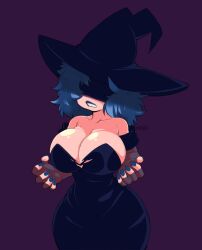 biting blue_lips blue_nails breasts bursting_breasts cordelia_(dead_estate) curvy dead_estate eyeshadow female fingernails flauschdraws hat large_breasts makeup nail_polish no_eyes shiny shiny_skin solo wardrobe_error witch_hat