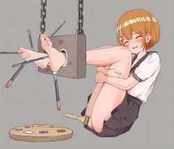 ass bondage chains feet hairpiece laughing original_character paint paintbrush restrained stocks thighs tickle_torture tickling tickling_feet