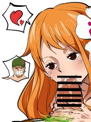 1boy 1boy1girl 1girls angry angry_face areolae bikini censor_bar clothed_sex curvy fellatio female female_focus flower flower_in_hair green_hair green_pubic_hair male nami nipples one_piece oral_sex orange_hair penis post-timeskip pubic_hair roronoa_zoro saliva sex skimpy small_bikini stfukysnow teasing tight_clothing voluptuous