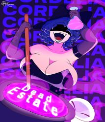 1boy 1girls 2022 artist_signature big_breasts blue_hair blue_lips breasts character_name cleavage clothed copyright_name cordelia_valentine dead_estate elbow_gloves female female_focus gloves hat highres huge_breasts mumba open_mouth solo witch witch_hat zazzro