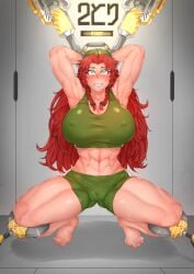 abs armpits ass_visible_through_thighs beret chanary female hong_meiling hypnosis large_ass large_breasts muscular_female navel sex_slave sportswear spread_legs squatting tan thick_thighs touhou wide_hips