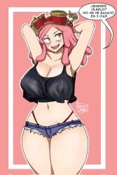 1girls armpits arms_behind_head arms_up big_boobs big_breasts bike_shorts boku_no_hero_academia boobs denim_shorts large_breasts mei_hatsume microshorts minishorts my_hero_academia nipples_visible_through_clothing pink_hair sakkaku_gavrii see-through shiny_skin skimpy_outfit skimpy_panties slutty_clothing slutty_outfit smell_fetish solo solo_female spanish_text speech_bubble string_panties tank_top thick_thighs thong transparent_clothing unusual_pupils visible_nipples visible_underwear yellow_eyes