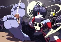 barefoot cleavage clothing covering_mouth cum ejaculation feet female foot_fetish foot_focus footjob full_moon fully_clothed hair_over_one_eye leviathan_(skullgirls) mostlyfunstuff red_eyes side_ponytail skullgirls soles squigly toes zombie zombie_girl