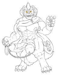 absurd_res anthro balls big_balls big_penis chains collar digitigrade diphallia diphallism genitals gnoll hi_res horn humanoid_genitalia humanoid_penis hyaenid leash looking_at_viewer male male_only mammal min multi_genitalia multi_penis muscular muscular_male penis piercing sash solo standing