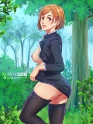 absurdres accurate_art_style alternate_legwear ass black_thighhighs breasts brown_eyes brown_hair clothes_lift eyelashes female forest highres huge_ass jujutsu_kaisen keisukeaero kugisaki_nobara looking_at_viewer nature nipples no_bra no_panties partially_clothed pussy short_hair skirt skirt_lift solo teasing thighhighs thighs