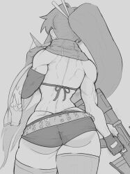 1girls ass ass_cleavage bikini bikini_top_only butt_crack female greyscale gun highres holding holding_gun holding_weapon long_hair looking_away monochrome muscular muscular_female ponytail rifle scarf short_shorts shorts simple_background sketch sniper_rifle standing swimsuit tengen_toppa_gurren_lagann thighhighs weapon whale_tail_(clothing) yoko_littner yoracrab