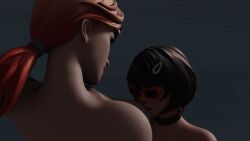 2girls black_hair evie_(fortnite) fortnite lipstick multiple_girls nipples red_hair sabina_(fortnite) sucking_nipples yuri