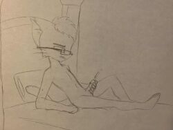 absurd_res anthro bed bodily_fluids cum domestic_cat ejaculation eyewear felid feline felis furniture genital_fluids genitals glasses hi_res male mammal nude penis solo travis_(travis_the_dragon) travis_the_dragon