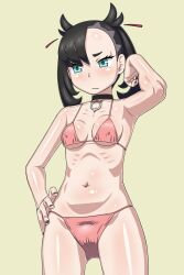 black_nails blush closed_mouth collar digital_drawing_(artwork) digital_media_(artwork) looking_to_the_side marnie_(pokemon) pink_bra pink_panties pokemon pokemon_ss posing tsuwitchii84