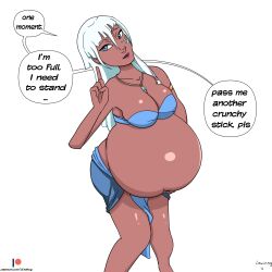 1girls atlantis:_the_lost_empire belly belly_inflation big_belly big_breasts bloated bloated_belly breasts dark-skinned_female dark_skin dialogue disney female inflation kida large_belly lewinog stuffed stuffed_belly stuffing text white_hair