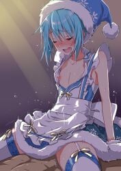 1boy ambiguous_gender androgynous blue_hair blush christmas_outfit closed_eyes cowgirl_position dress femboy flat_chest garter_straps highres horny maid_uniform muscular muscular_male nipples no_bra rimuru_tempest sex straddling tensei_shitara_slime_datta_ken yuto_(dialique)