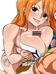 1boy 1boy1girl 1girls areolae big_breasts bikini breasts breasts_out censor_bar clothed_sex curvy fellatio female female_focus flower flower_in_hair green_hair green_pubic_hair male mammary_intercourse nami nipples one_piece oral_sex orange_hair paizuri penis pubic_hair roronoa_zoro saliva sex skimpy small_bikini stfukysnow teasing tight_clothing tongue_out voluptuous