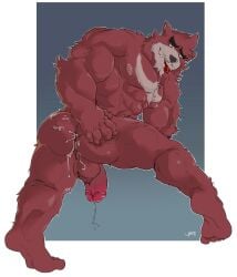 anthro anus ass balls bodily_fluids cum drooling eyebrows feet fur genital_fluids genitals hand_on_butt hi_res joelbearb kumatetsu leaking_anus leaking_cum leaking_precum male male_focus male_only male_solo mammal muscular muscular_male nipples penis precum presenting presenting_anus presenting_hindquarters red_body red_fur saliva solo solo_male spread_butt spreading the_boy_and_the_beast thick_eyebrows tongue tongue_out ursid