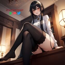 ai_generated big_breasts black_hair blush cameltoe crossed_legs dominant_female expressionless feet feet_first from_below hair_ornament lewdcreationsai looking_at_viewer looking_down panties red_eyes shirt spy_x_family thick_thighs thighhighs thighs yor_briar yor_forger