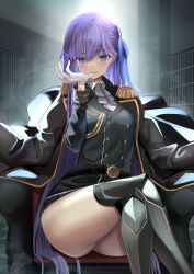 ass big_ass big_thighs biting_glove character_request glove gloves kesokeso_keso_(artist) large_thighs legs military_jacket military_uniform purple_hair sitting tagme tagme_(artist) tagme_(character) thick thick_legs thick_thighs thighs violet_eyes