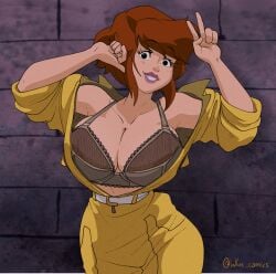 1girls april_o'neil april_o'neil_(tmnt_1987) belt big_breasts bra breasts cleavage clothed exposed_breasts female female_only freckles grey_bra huge_breasts inker_comics inkershike jumpsuit large_breasts open_clothes open_shirt picot_trim picot_trim_bra red_hair short_hair solo solo_female teenage_mutant_ninja_turtles teenage_mutant_ninja_turtles_(1987) tmnt tmnt_1987 top_heavy yellow_jumpsuit