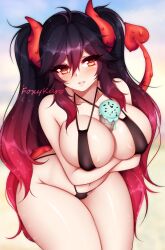 beach bikini black_hair cleavage demon_girl demon_horns demon_tail female foxykuro gradient_hair horns ice_cream large_breasts long_hair navel red_hair sitting smile solo succubus tail yellow_eyes