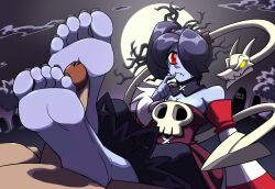 barefoot cleavage clothing feet female foot_fetish foot_focus footjob full_moon fully_clothed hair_over_one_eye leviathan_(skullgirls) mostlyfunstuff red_eyes side_ponytail skullgirls soles squigly toes zombie zombie_girl