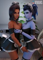 2girls 3d alternate_costume alternate_hairstyle amelie_lacroix artist_name blender blizzard_entertainment blue_skin breast_grab breast_press breasts dark-skinned_female female female_only latina looking_at_viewer maid maid_outfit maid_uniform nipples nipples_visible_through_clothing overwatch skirt_lift sombra stockings vivans washing_machine widowmaker