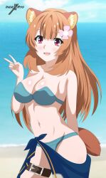 absurdres animal_ears bangs beach bikini blush brown_hair female flower flower_on_head highres indexryo long_hair open_mouth purple_eyes raccoon_ears raccoon_girl raccoon_tail raphtalia smile swimsuit tagme tail tate_no_yuusha_no_nariagari