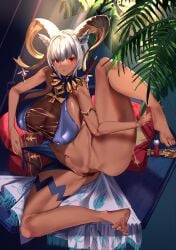 1girls animal_ears arknights big_breasts carnelian_(arknights) dark-skinned_female dark_skin female female_only hairy_pussy horns pubic_hair pussy red_eyes shioramen12 solo solo_female solo_focus thick_thighs thighs white_hair