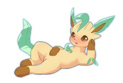 absurd_res eeveelution female feral genitals hi_res leafeon lying nintendo pokemon pokemon_(species) pokemon_only pussy simple_background solo sword-dance video_games white_background yellow_body