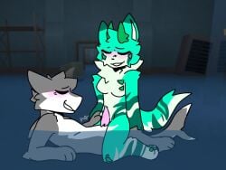 1boy1girl anthro blush both_eyes_closed breasts carneline_(kaiju_paradise) closed_eyes duo fan_character furry furry_only green_fur grey_fur horns kaiju_paradise male/female nipples original_character pawpads paws pink_nipples pink_penis roblox roblox_game shark shork_(kaiju_paradise) shorks_(kaiju_paradise) sitting_on_lap source_request spectexury striped_tail stripes tagme tail tapering_penis underwater water white_fur