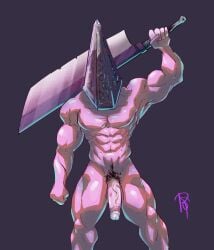 alternate_version_available bara big_penis completely_nude daspurplesong flaccid helmet male male_only male_pubic_hair muscular muscular_male muscular_thighs nude penis pubic_hair pubic_hair_peek pyramid_head silent_hill solo thick_thighs uncensored veiny_penis weapon