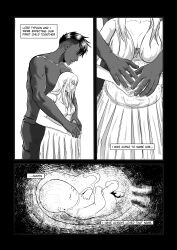 1boy 1girls absurdres baby baby_boy black_and_white black_hair blonde_hair blood_bond blush closed_eyes colored_skin comic comic_page dark-skinned_male dark_hair dark_skin dress english_text female fetus greek_mythology hair_down hand_on_hand hand_on_stomach happy highres interracial justin_vill manga manga_page mari_vill monstershake muscular muscular_male petite pregnant romantic smile titan_(greek_mythology) topless topless_male typhon typhon_(blood_bond) typhon_titan umbilical_cord white_dress white_hair white_skin white_skinned_female wholesome