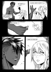 1girls absurdres angry black_and_white black_and_white_dress black_hair blonde_hair blood_bond blood_bond blush colored_skin comic comic_page dark-skinned_male dark_hair dark_skin dress english_text female greek_mythology greek_mythology hand_swat happy highres interracial jewelry manga manga_page mari_vill marriage marriage_proposal monstershake muscular muscular_male petite ponytail ring romantic slap slapping smile sparkle titan_(greek_mythology) topless topless_male typhon typhon_(blood_bond) typhon_titan white_hair white_skin white_skinned_female