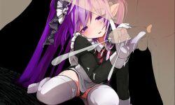 1boy big_breasts black_panties breasts cum eyebrows_visible_through_hair femdom fuyube_rion gloved_handjob gloves handjob legwear maid maid_headdress maid_uniform milking milking_handjob monster monster_girl panties pointy_ears purple_eyes purple_hair rai_e_ru red_ribbon ribbon shiki_(psychedelic_g2) succubus_academia tomohiro_kai usuki98 white_gloves white_legwear