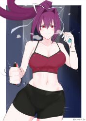 bacantshift1st bottomwear breasts crop_top joy-con jpeg light-skinned_female light_skin red_eyes sportswear sweat sweaty_body thighs under_night_in-birth voluptuous workout yuzuriha_(under_night_in-birth)