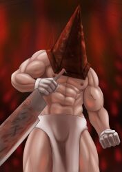 alabuster apron gloves helmet loincloth male male_only muscular muscular_male muscular_thighs pyramid_head red_background side_slit silent_hill silent_hill_2 solo topless topless_male veiny_muscles waist_apron weapon white_gloves