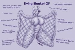 animate_inanimate blanket caption female girl ideal_gf loonerma monochrome outie_pussy puffy_nipples puffy_pussy vagina